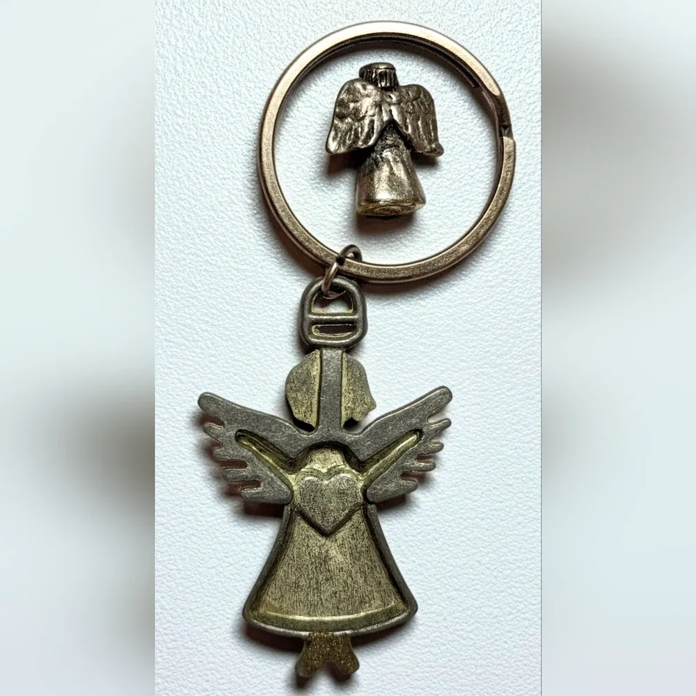 Vtg Pewter Angel Keychain with Red Heart + Ganz angel Nano figurine 1950s